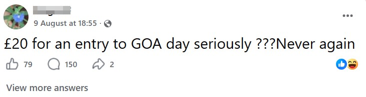 Blurred Facebook post debating Cranford Goa Day ticket prices